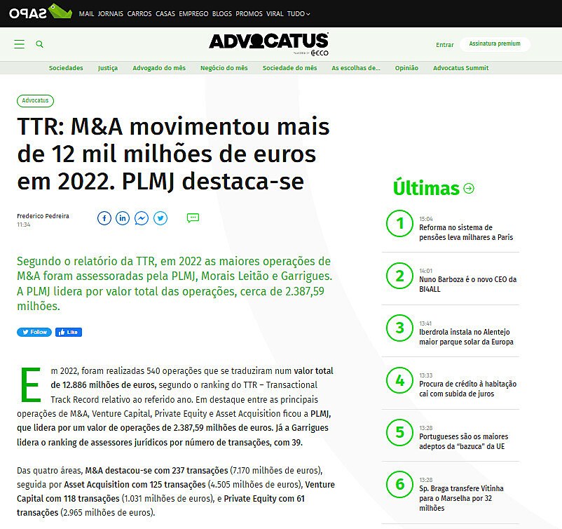 TTR: M&A movimentou mais de 12 mil milhes de euros em 2022. PLMJ destaca-se